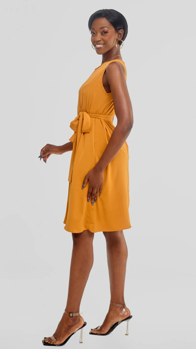 Vivo Basic Sleeveless Tent Dress in Crepe - Mustard