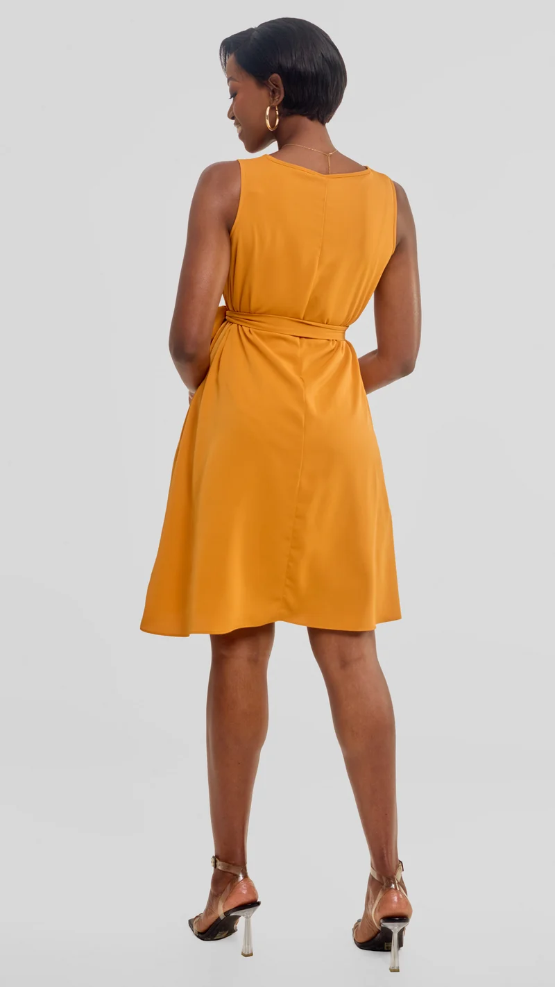 Vivo Basic Sleeveless Tent Dress in Crepe - Mustard