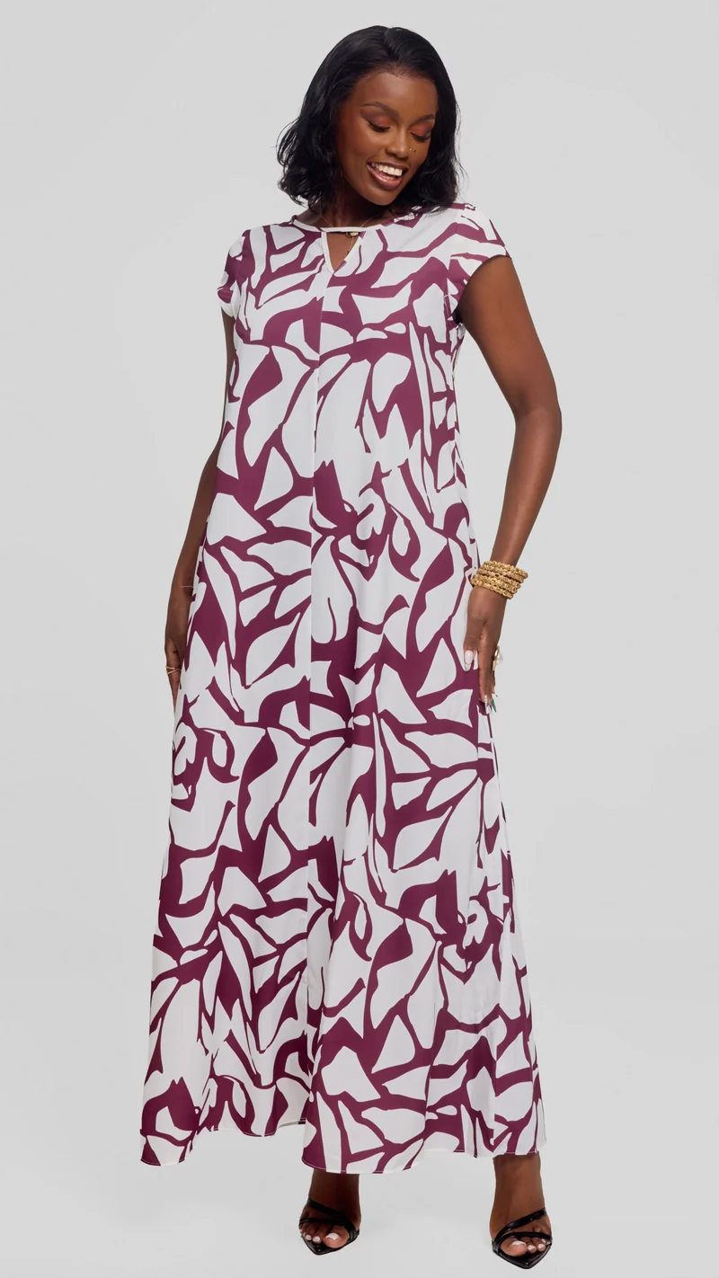 Vivo Sakari Cap Sleeve Maxi Dress in Crepe - White Mulberry Zania Print