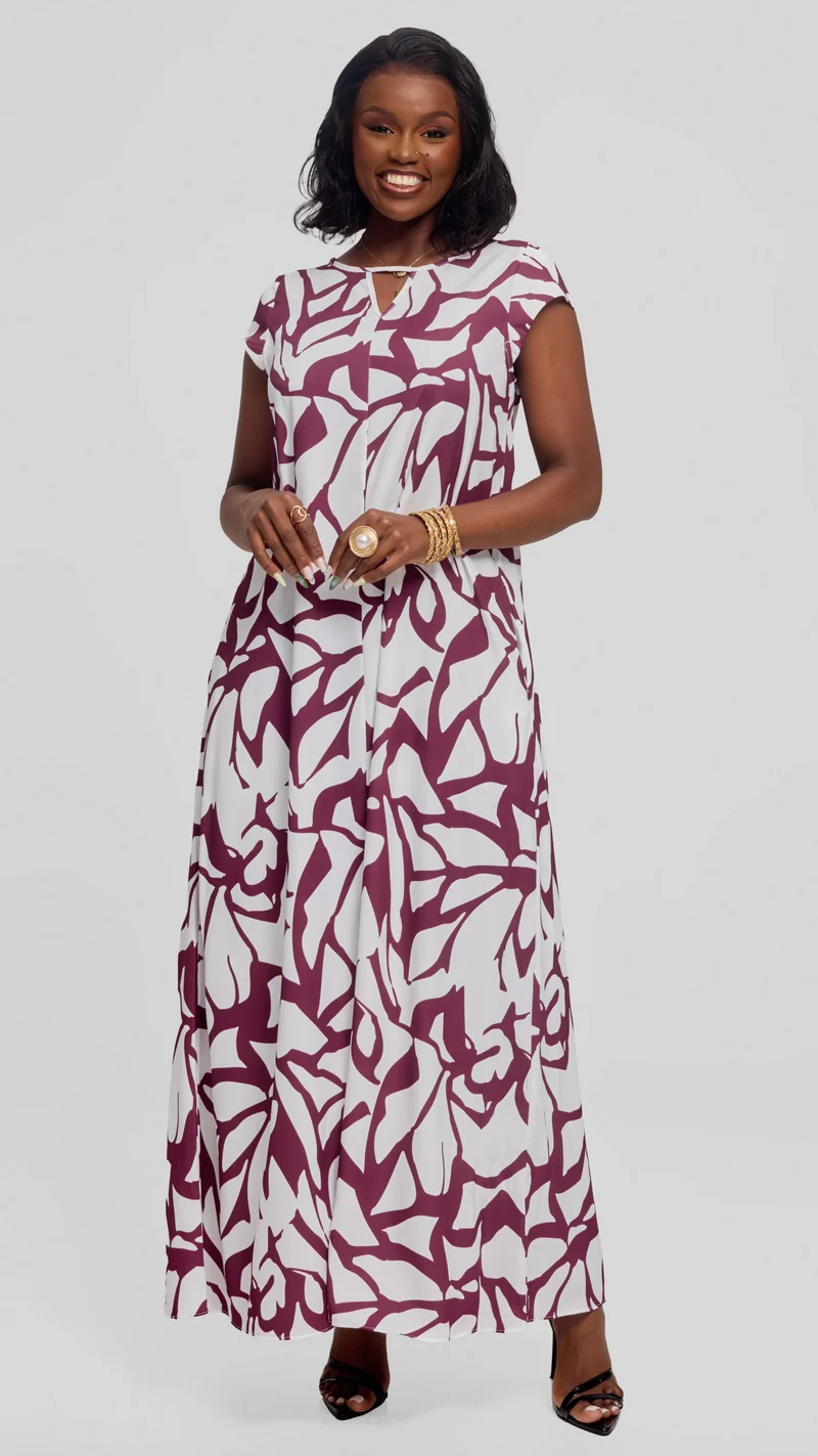 Vivo Sakari Cap Sleeve Maxi Dress in Crepe - White Mulberry Zania Print
