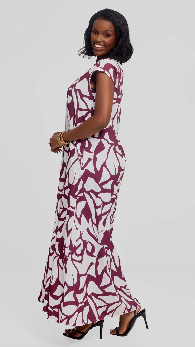 Vivo Sakari Cap Sleeve Maxi Dress in Crepe - White Mulberry Zania Print