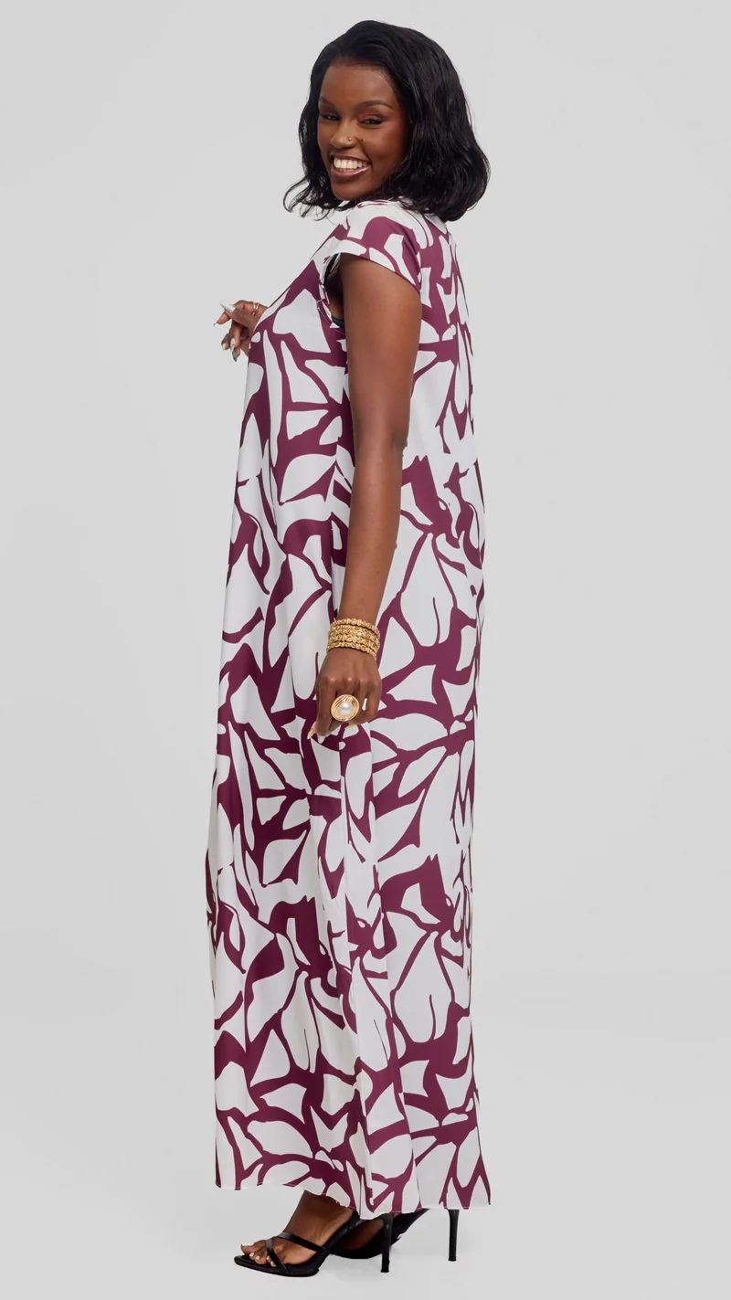 Vivo Sakari Cap Sleeve Maxi Dress in Crepe - White Mulberry Zania Print