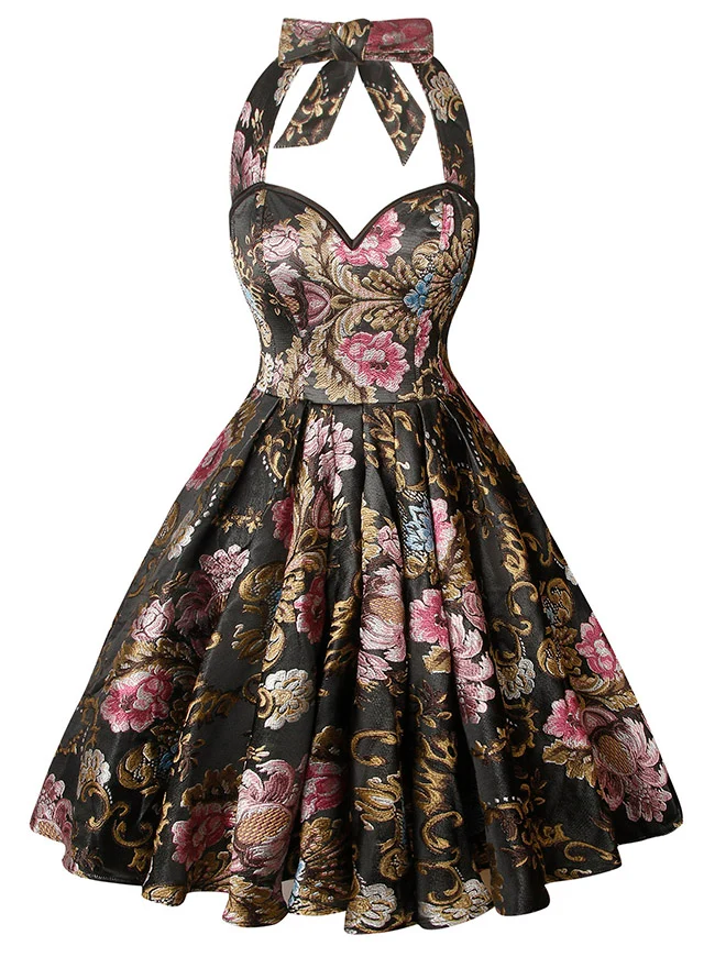 1950er Vintage Retro Ärmelloses Swing Floral Neckholder Korsett Kleid
