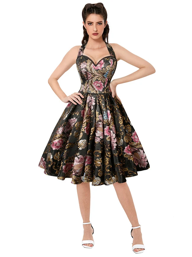 1950er Vintage Retro Ärmelloses Swing Floral Neckholder Korsett Kleid