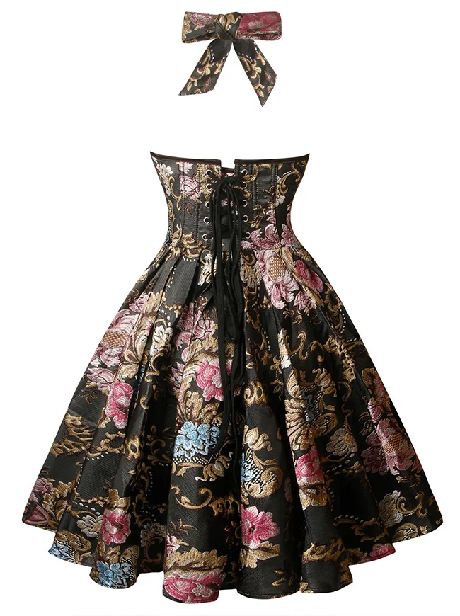 1950er Vintage Retro Ärmelloses Swing Floral Neckholder Korsett Kleid