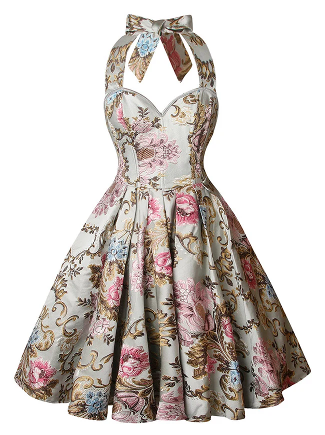 1950er Vintage Retro Ärmelloses Swing Floral Neckholder Korsett Kleid