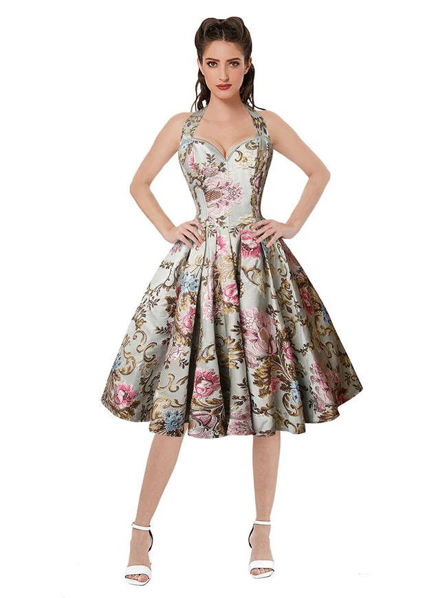 1950er Vintage Retro Ärmelloses Swing Floral Neckholder Korsett Kleid