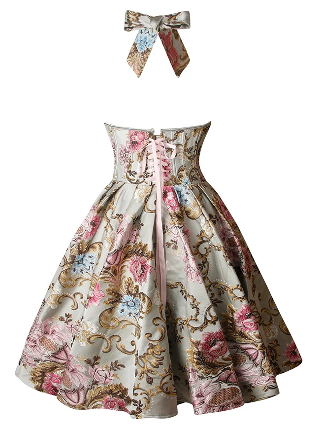 1950er Vintage Retro Ärmelloses Swing Floral Neckholder Korsett Kleid