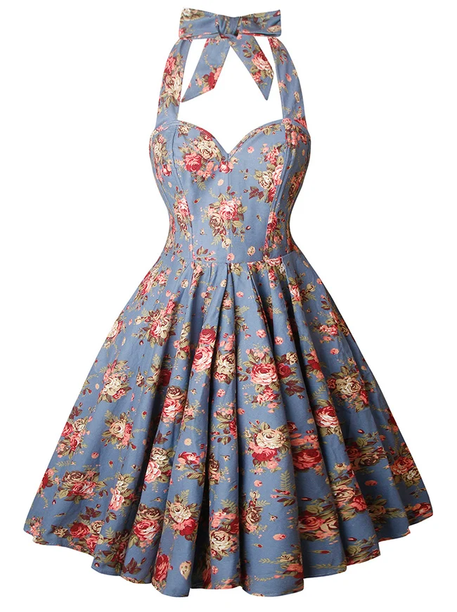Charmian Damen 1950er Vintage ärmelloses A-Linien-Swing-Kleid mit Neckholder-Korsett im Blumenmuster