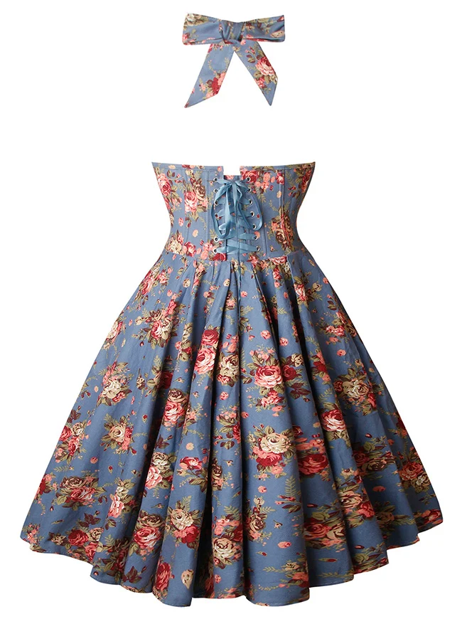 Charmian Damen 1950er Vintage ärmelloses A-Linien-Swing-Kleid mit Neckholder-Korsett im Blumenmuster