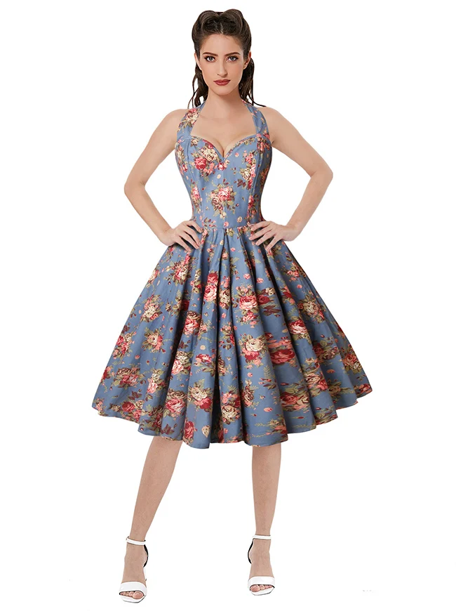 Charmian Damen 1950er Vintage ärmelloses A-Linien-Swing-Kleid mit Neckholder-Korsett im Blumenmuster