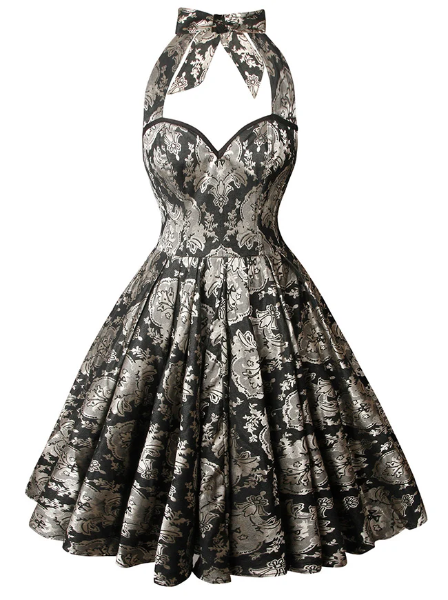 Charmian Damen 1950er Vintage ärmelloses A-Linien-Swing-Kleid mit Neckholder-Korsett im Blumenmuster