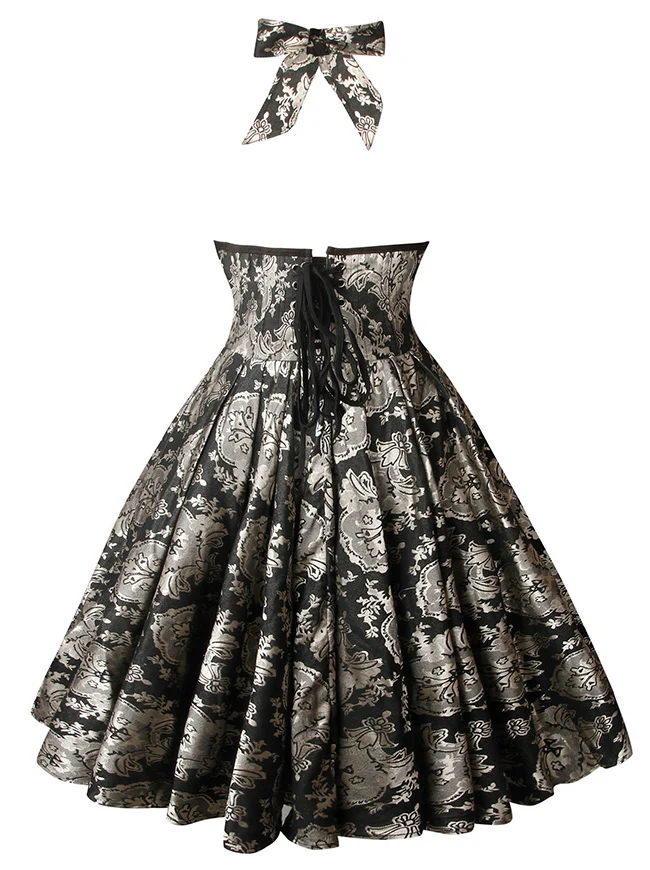 Charmian Damen 1950er Vintage ärmelloses A-Linien-Swing-Kleid mit Neckholder-Korsett im Blumenmuster