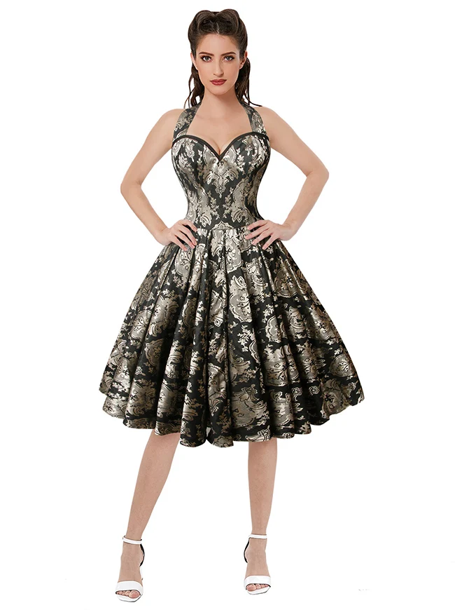 Charmian Damen 1950er Vintage ärmelloses A-Linien-Swing-Kleid mit Neckholder-Korsett im Blumenmuster