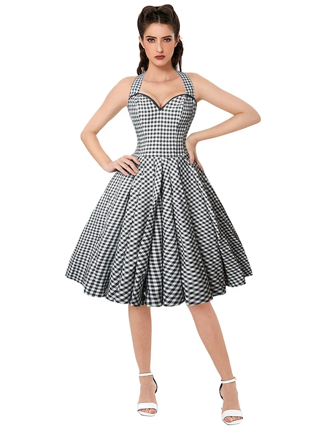Charmian Damen 1950er Vintage ärmelloses A-Linien-Swing-Kleid mit Neckholder-Korsett im Blumenmuster