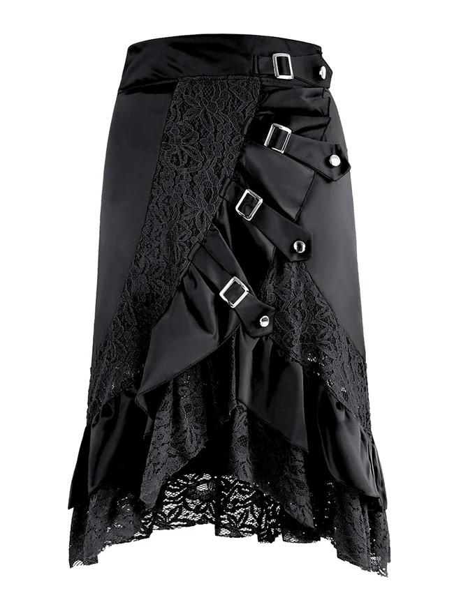 Steampunk Gothic Asymmetrischer Party-Turnierrock mit Spitzenbesatz
