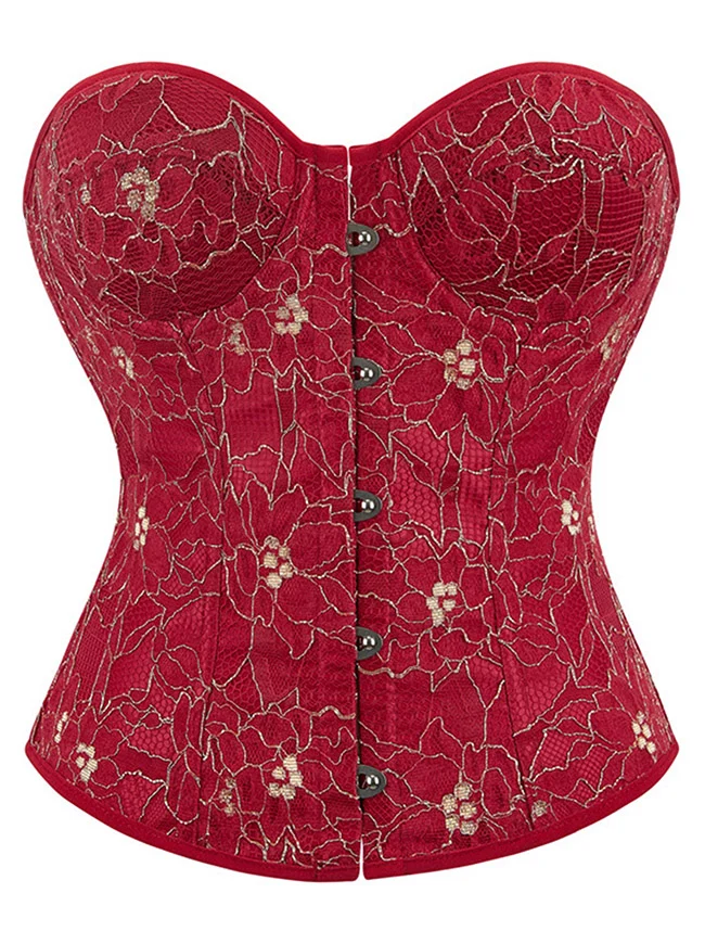 Schulterfreies Überbrustkorsett-Oberteil mit Blumenstickerei im Vintage-Stil zum Schnüren