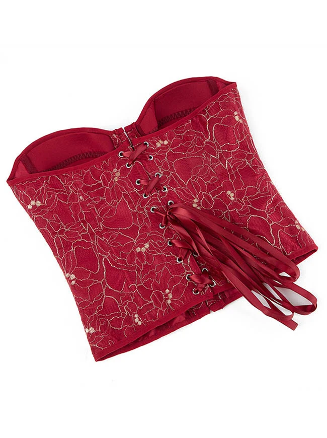 Schulterfreies Überbrustkorsett-Oberteil mit Blumenstickerei im Vintage-Stil zum Schnüren