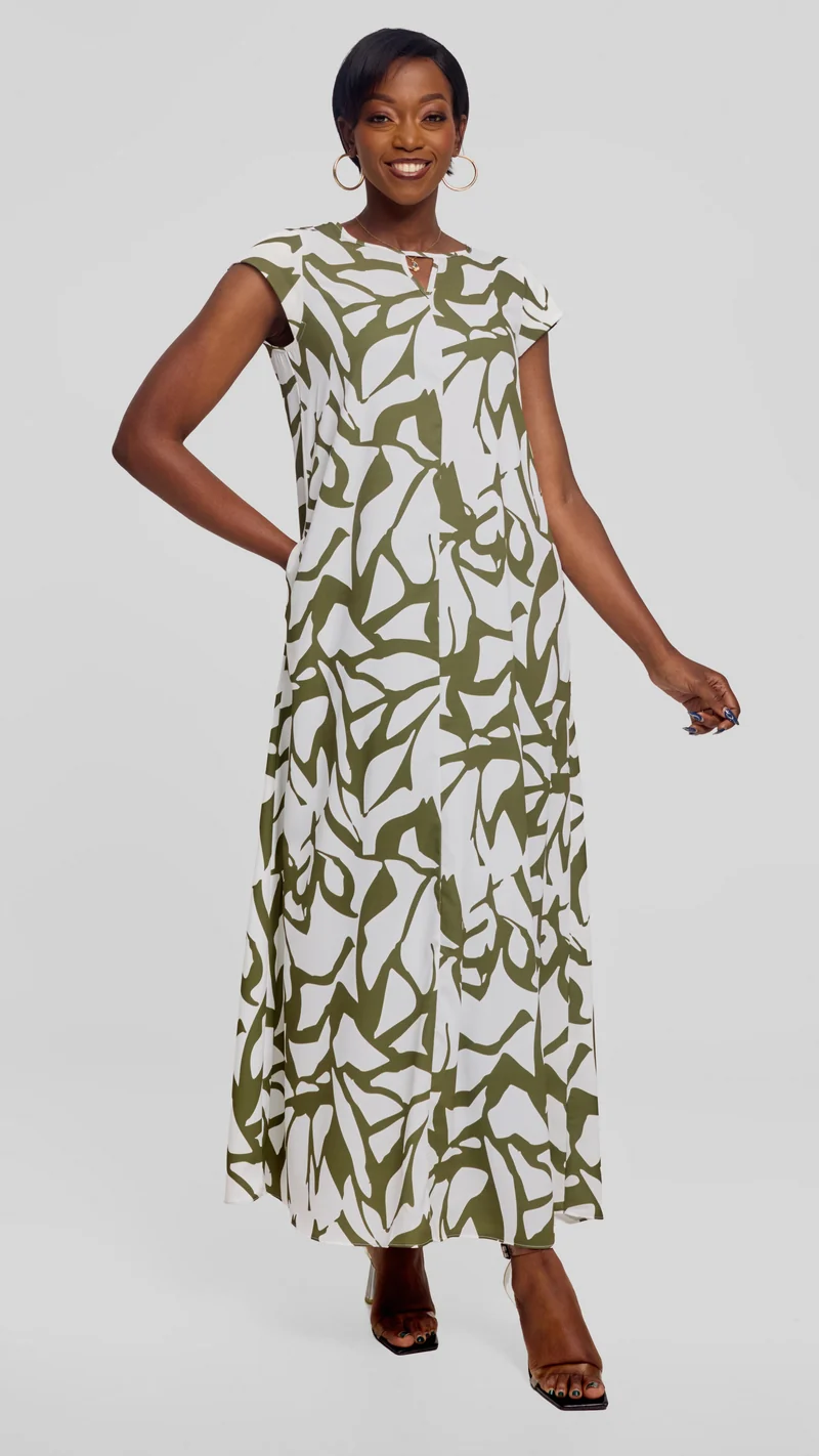 Vivo Sakari Cap Sleeve Maxi Dress in Crepe - White / Dark Green Zania Print