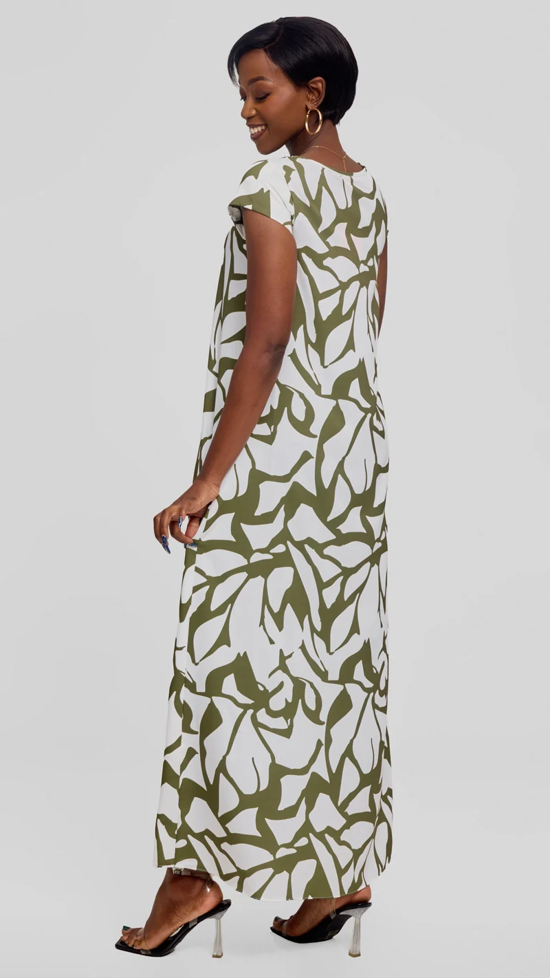 Vivo Sakari Cap Sleeve Maxi Dress in Crepe - White / Dark Green Zania Print