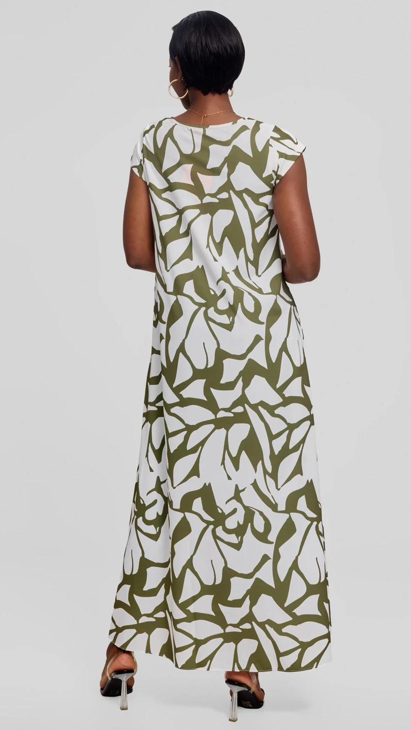 Vivo Sakari Cap Sleeve Maxi Dress in Crepe - White / Dark Green Zania Print