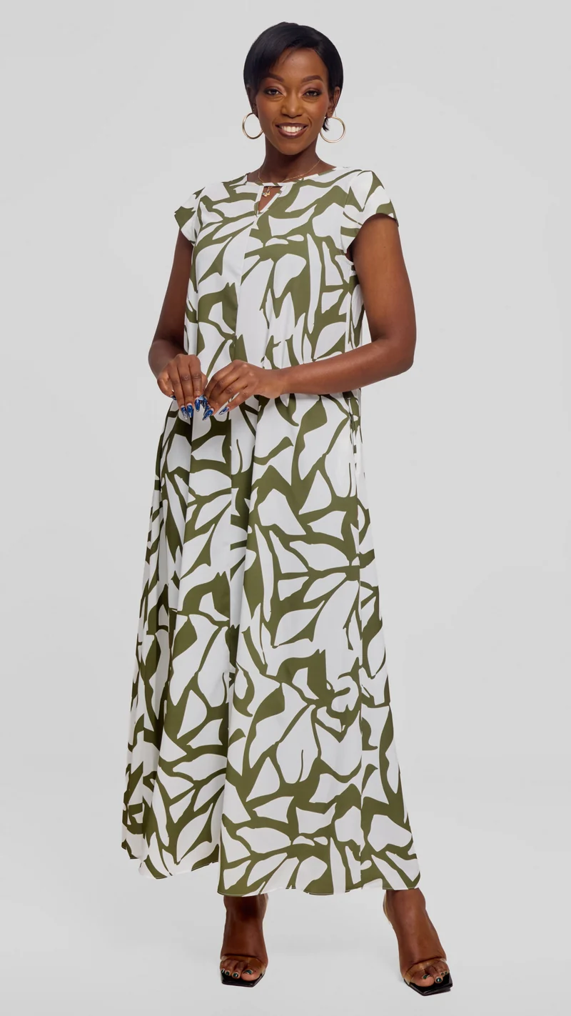 Vivo Sakari Cap Sleeve Maxi Dress in Crepe - White / Dark Green Zania Print