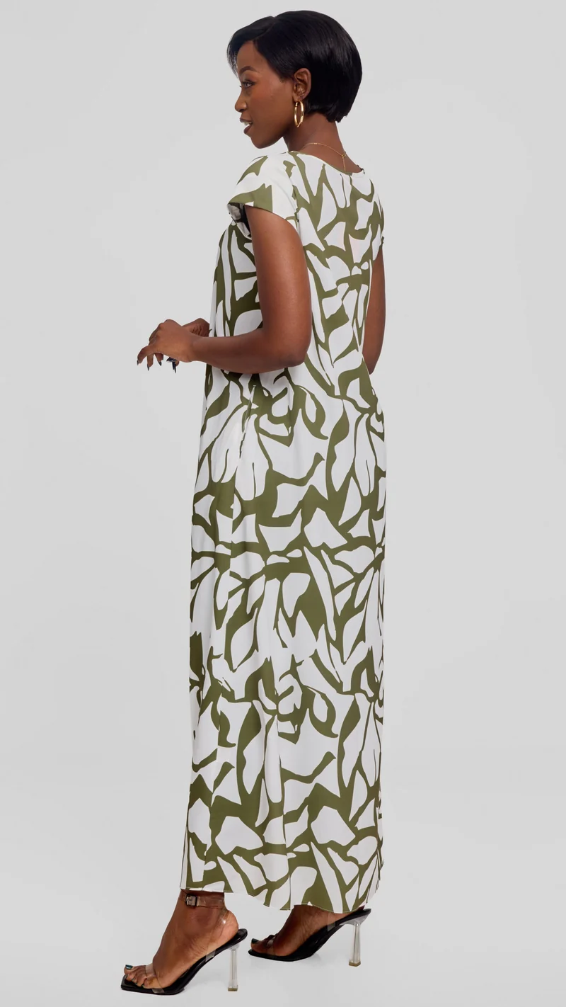 Vivo Sakari Cap Sleeve Maxi Dress in Crepe - White / Dark Green Zania Print
