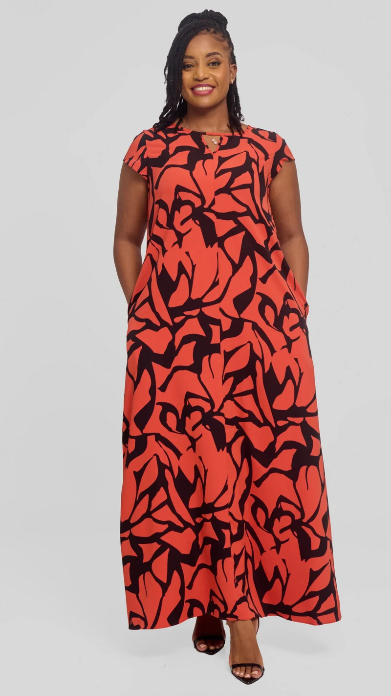 Vivo Sakari Cap Sleeve Maxi Dress in Crepe - Rust / Black Zania Print