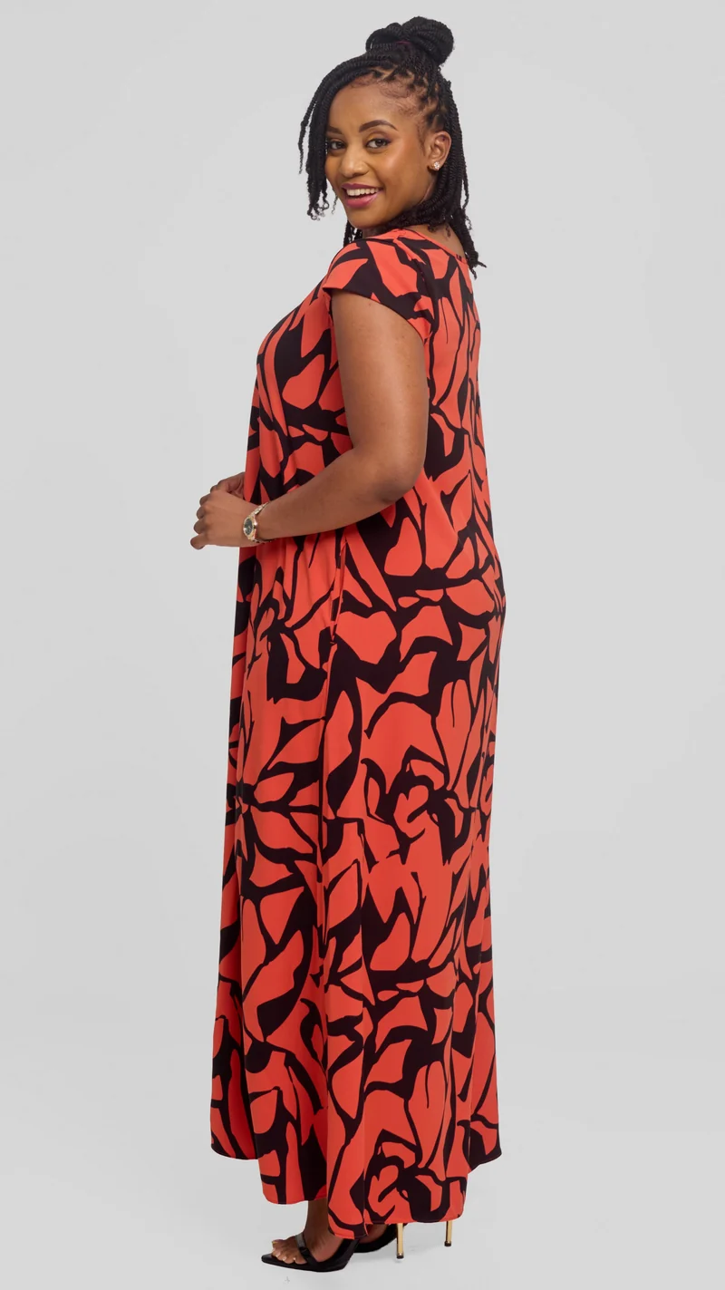 Vivo Sakari Cap Sleeve Maxi Dress in Crepe - Rust / Black Zania Print