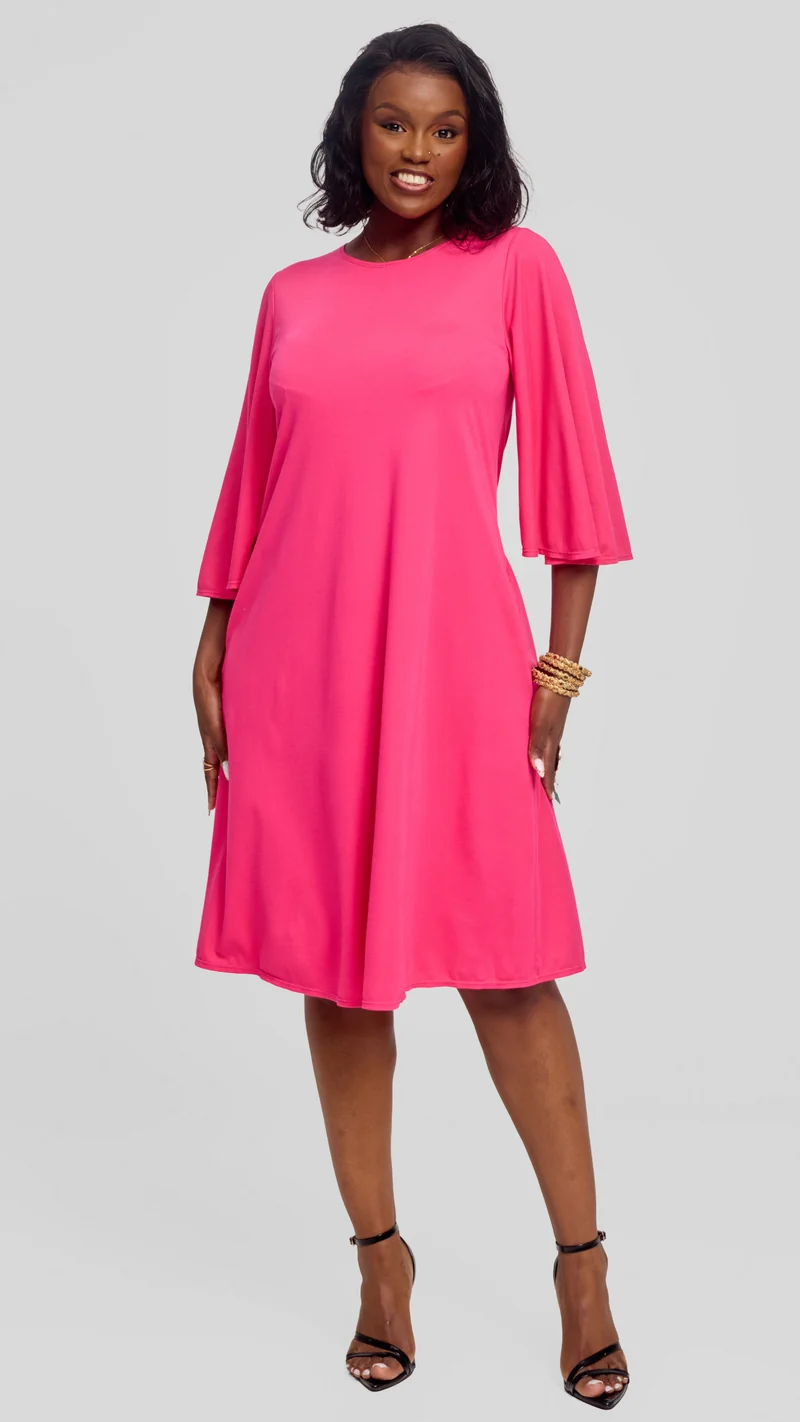 Vivo Flared Sleeve Dress in Ponte - Fuschia