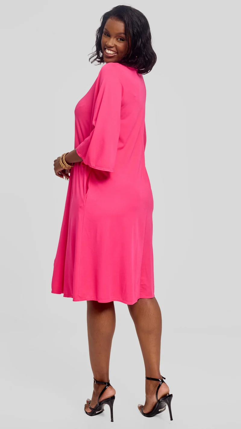 Vivo Flared Sleeve Dress in Ponte - Fuschia