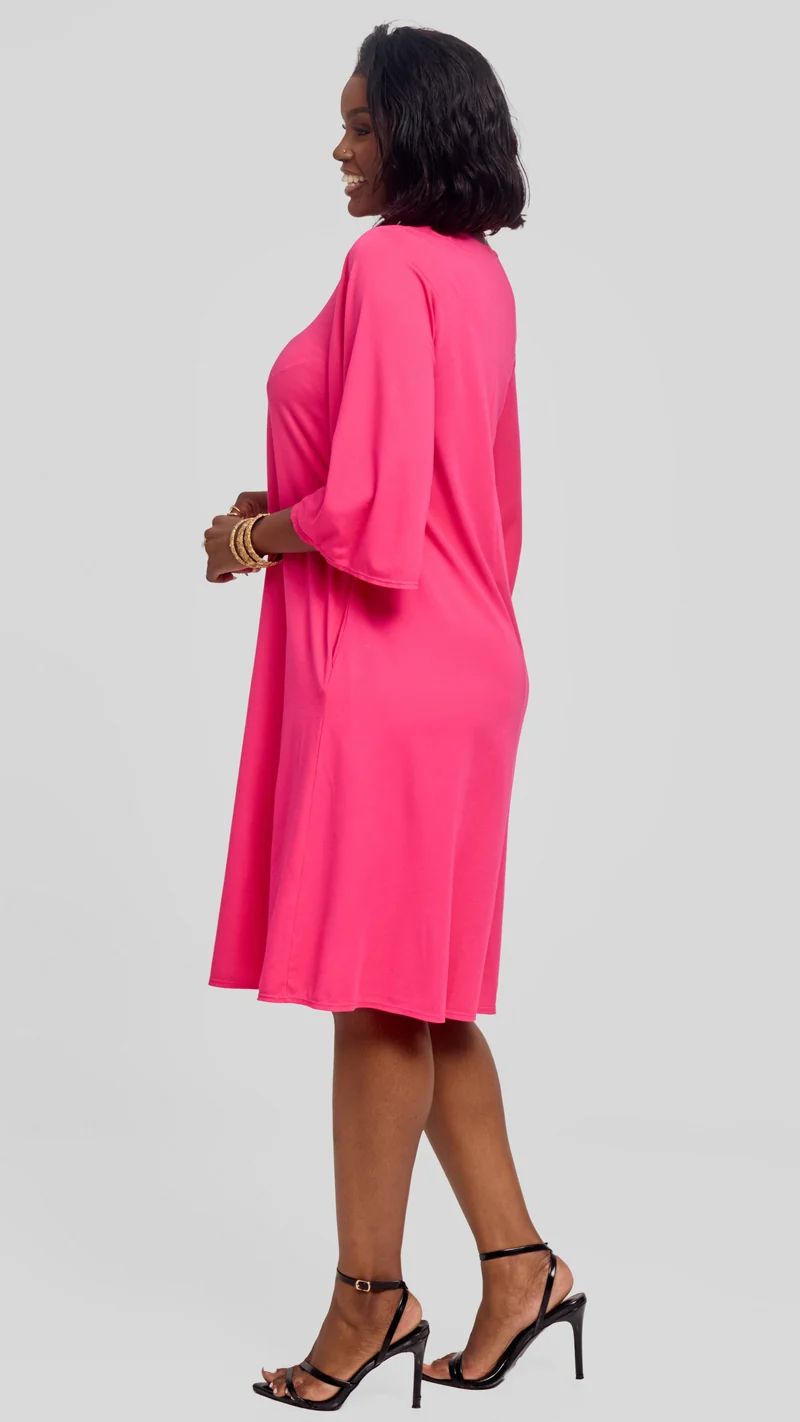 Vivo Flared Sleeve Dress in Ponte - Fuschia