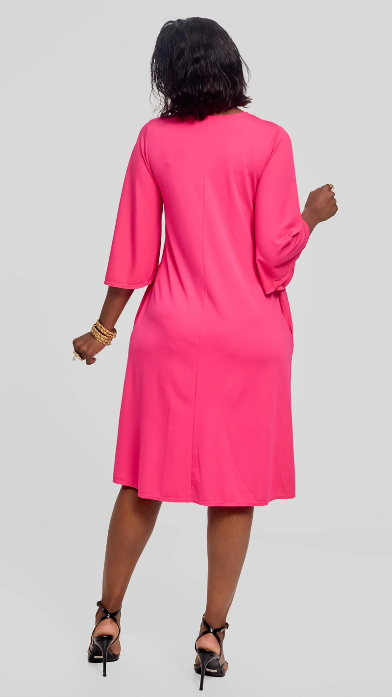 Vivo Flared Sleeve Dress in Ponte - Fuschia