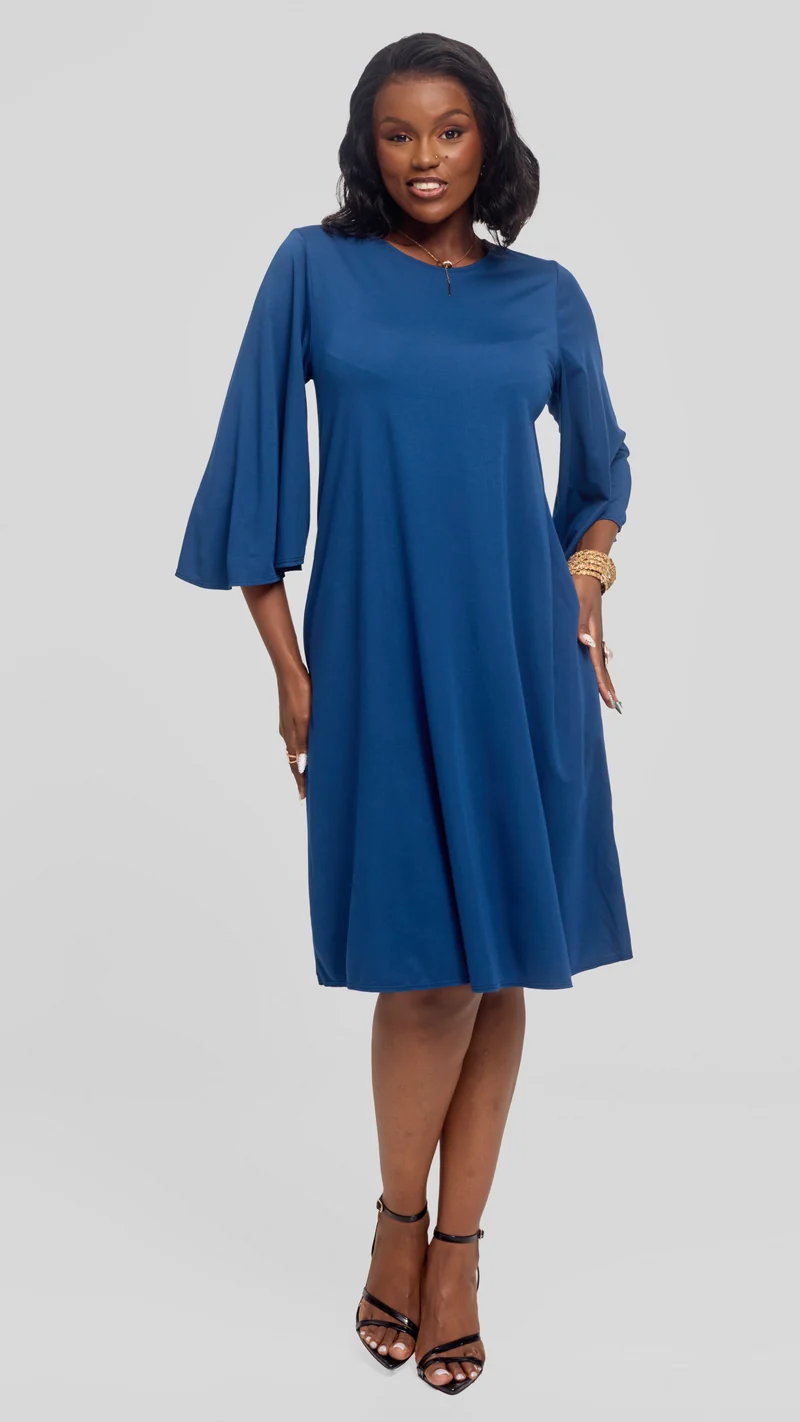 Vivo Flared Sleeve Dress in Ponte - Dark Teal