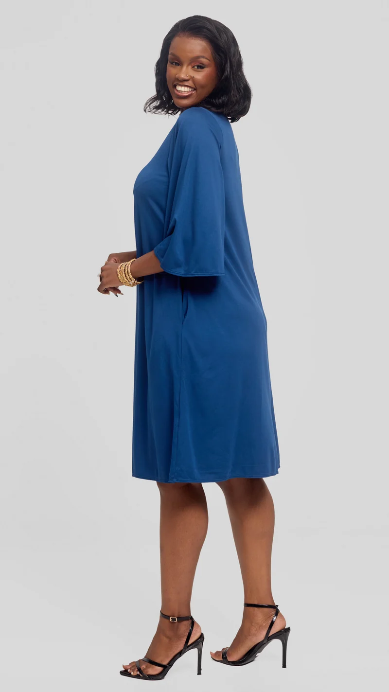 Vivo Flared Sleeve Dress in Ponte - Dark Teal