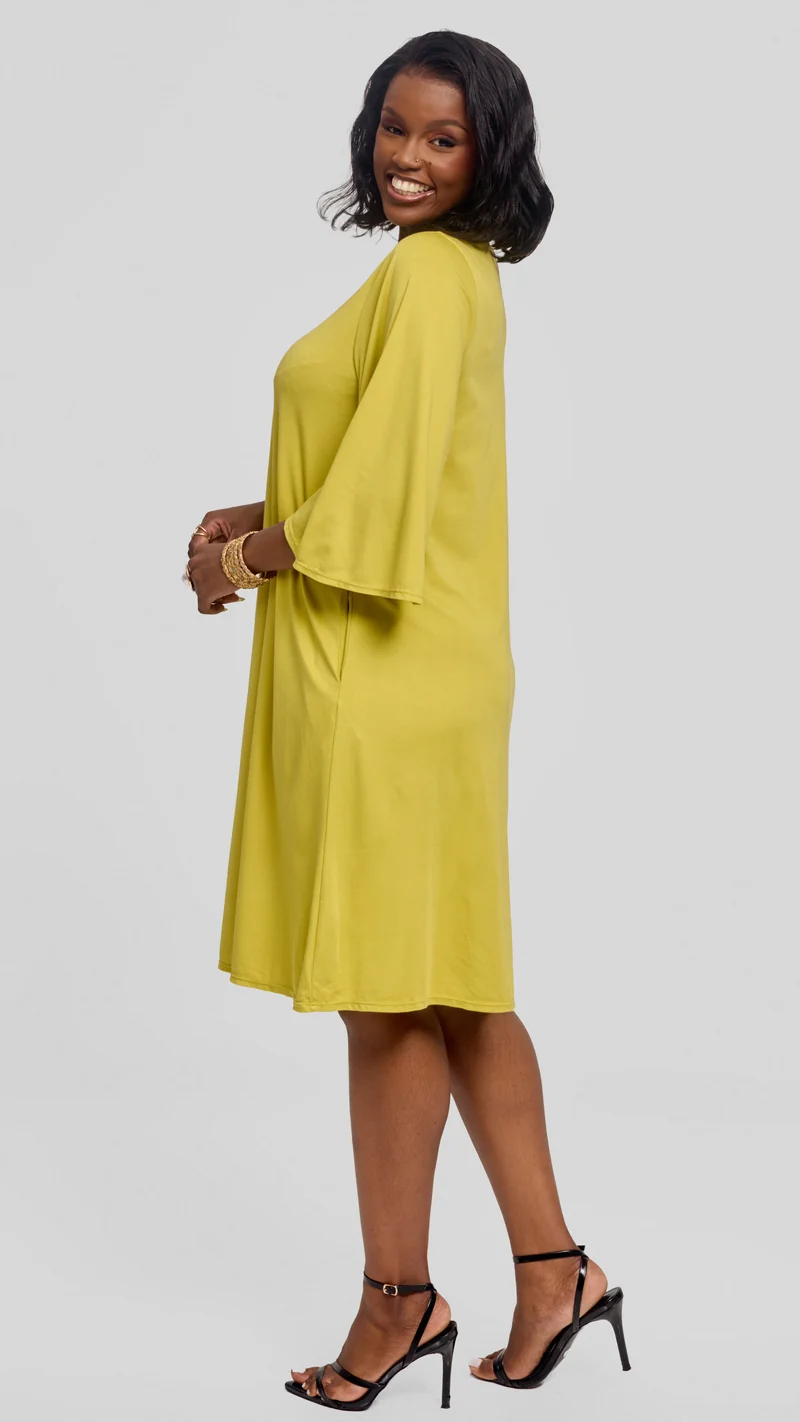 Vivo Flared Sleeve Dress in Ponte - Lime Green