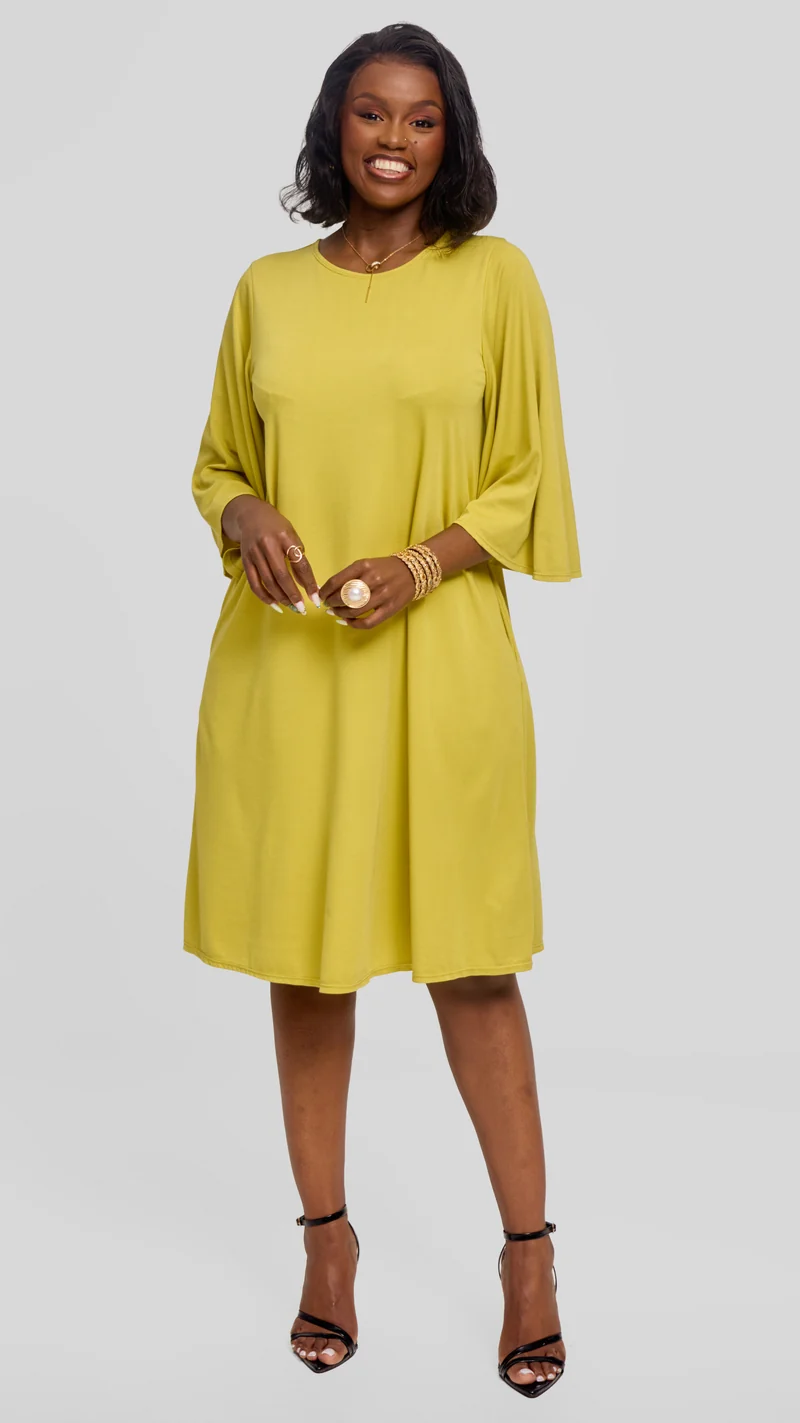 Vivo Flared Sleeve Dress in Ponte - Lime Green