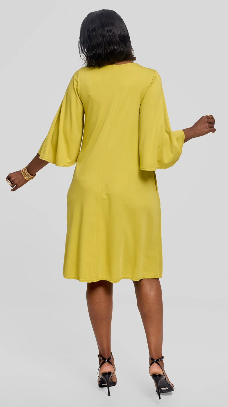 Vivo Flared Sleeve Dress in Ponte - Lime Green
