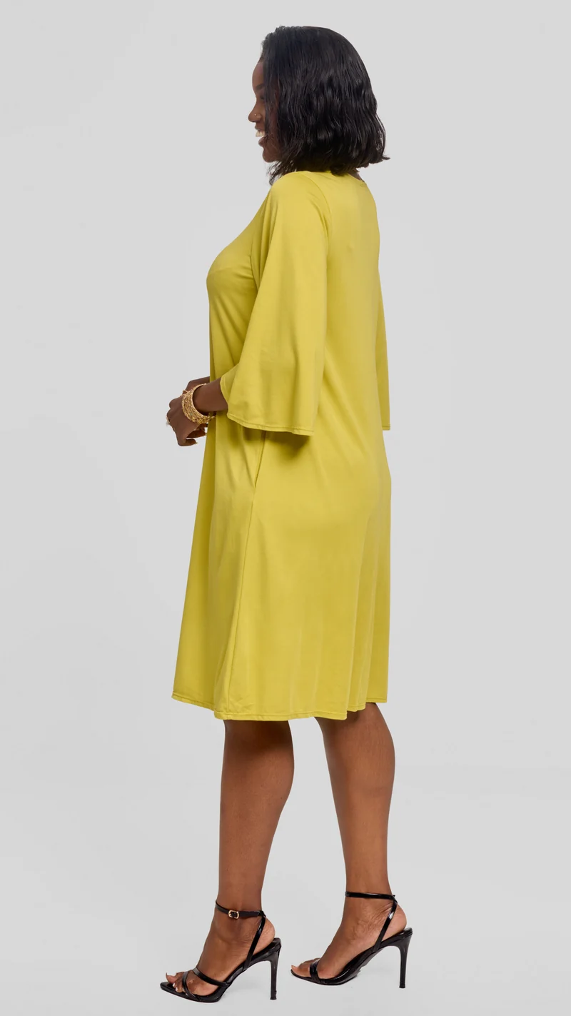 Vivo Flared Sleeve Dress in Ponte - Lime Green