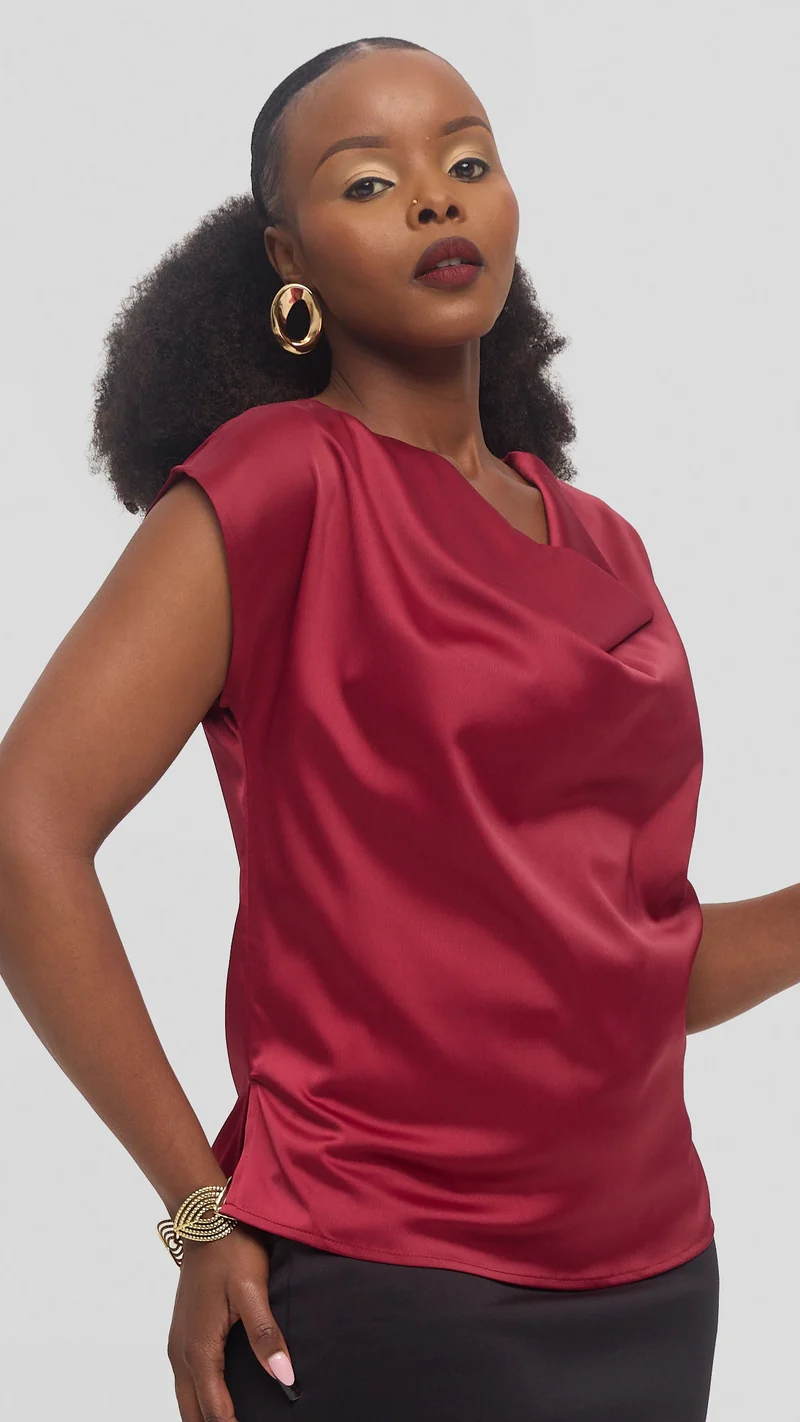 Vivo Drop Shoulder Cowl Top in Satin - Maroon