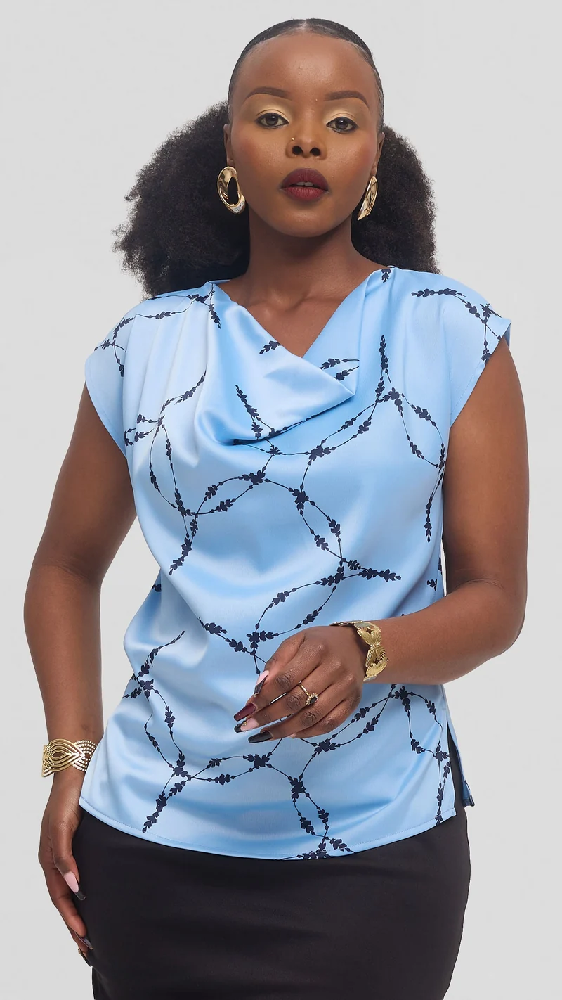 Vivo Drop Shoulder Cowl Top in Satin - Baby Blue / Navy Shina Print