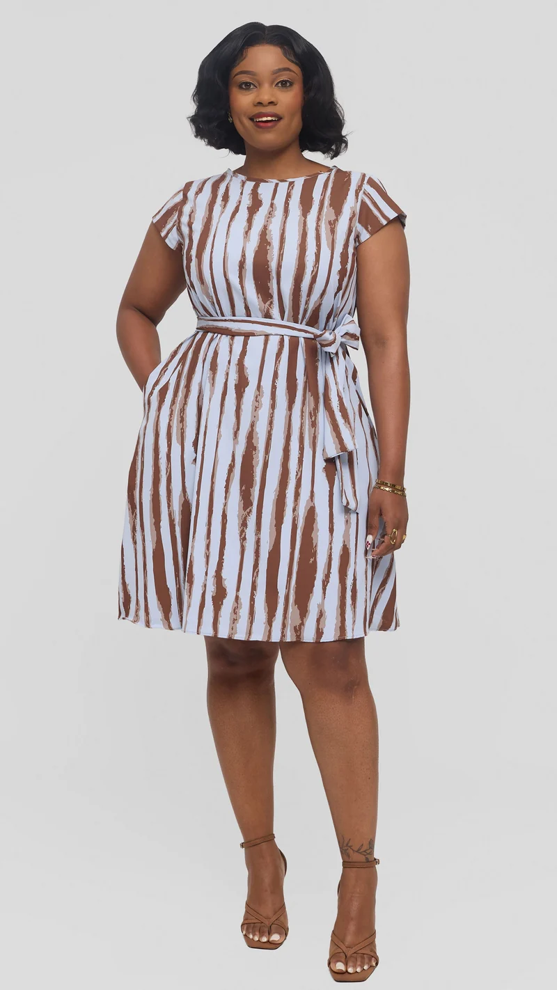 Vivo Basic Cap Sleeve Tent Knee Length Dress in Crepe - Light Blue / Brown Tamasha Print