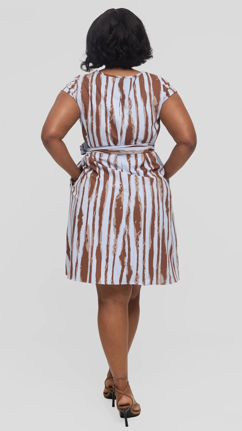 Vivo Basic Cap Sleeve Tent Knee Length Dress in Crepe - Light Blue / Brown Tamasha Print