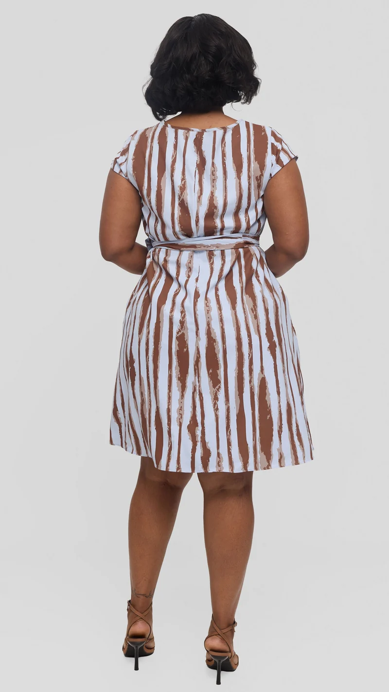 Vivo Basic Cap Sleeve Tent Knee Length Dress in Crepe - Light Blue / Brown Tamasha Print