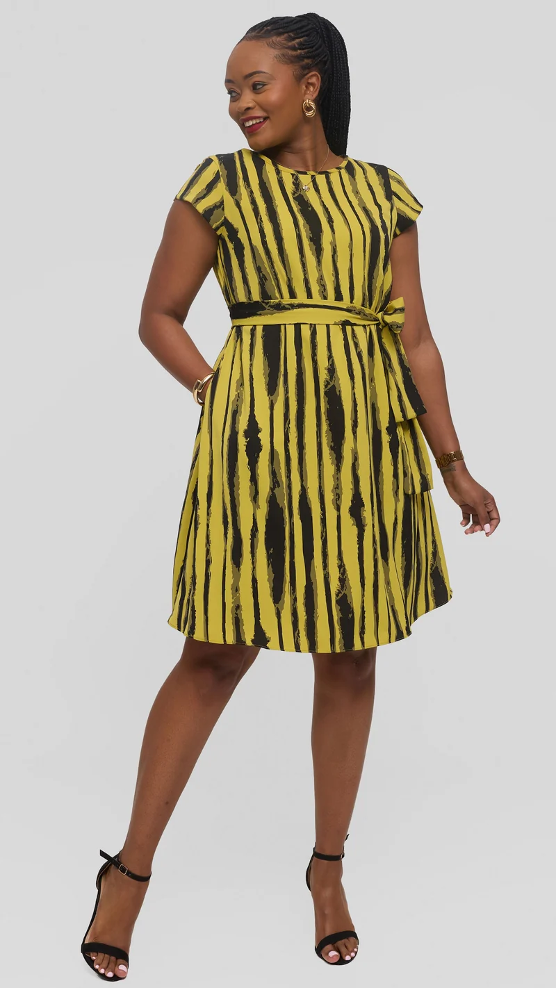 Vivo Basic Cap Sleeve Tent Knee Length Dress in Crepe - Olive / Black Tamasha Print