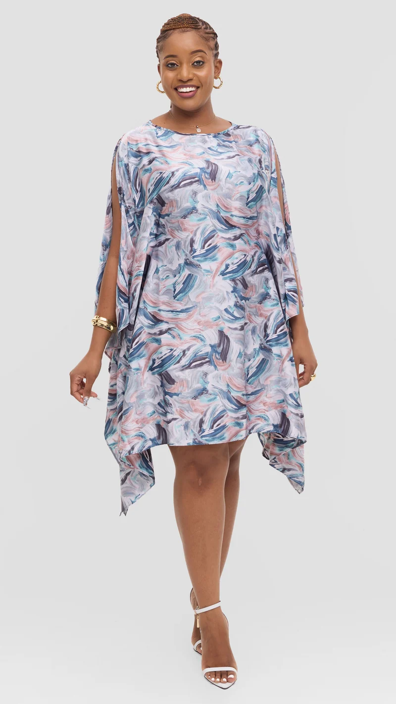 Vivo Knee Length Kaftan in Satin - Teal / Black Print