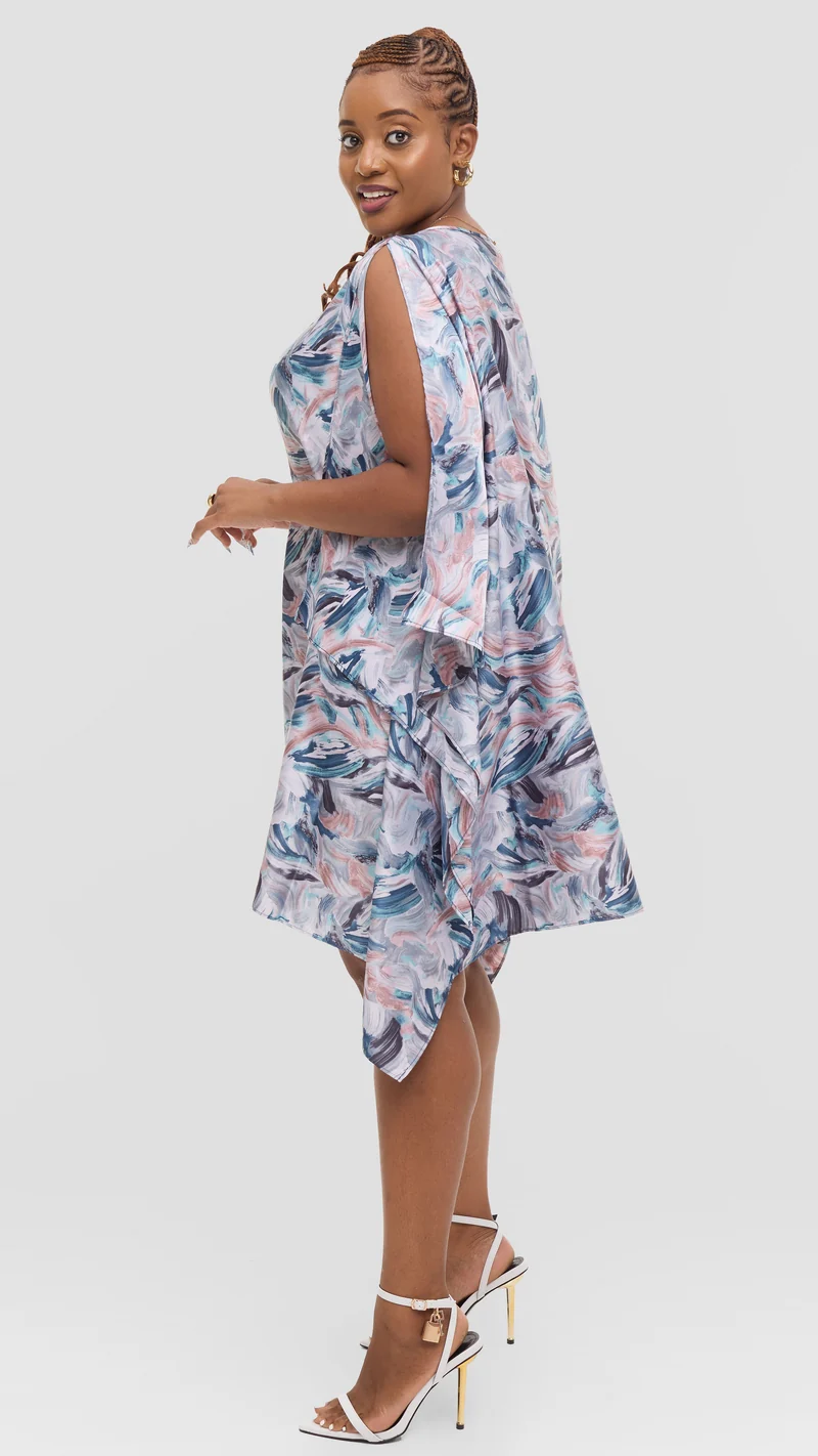 Vivo Knee Length Kaftan in Satin - Teal / Black Print