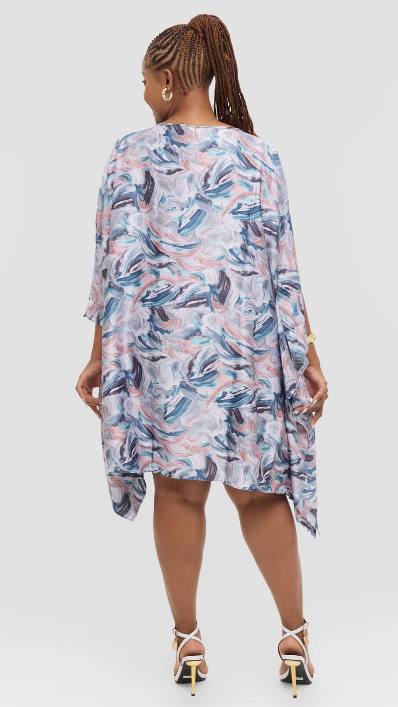 Vivo Knee Length Kaftan in Satin - Teal / Black Print
