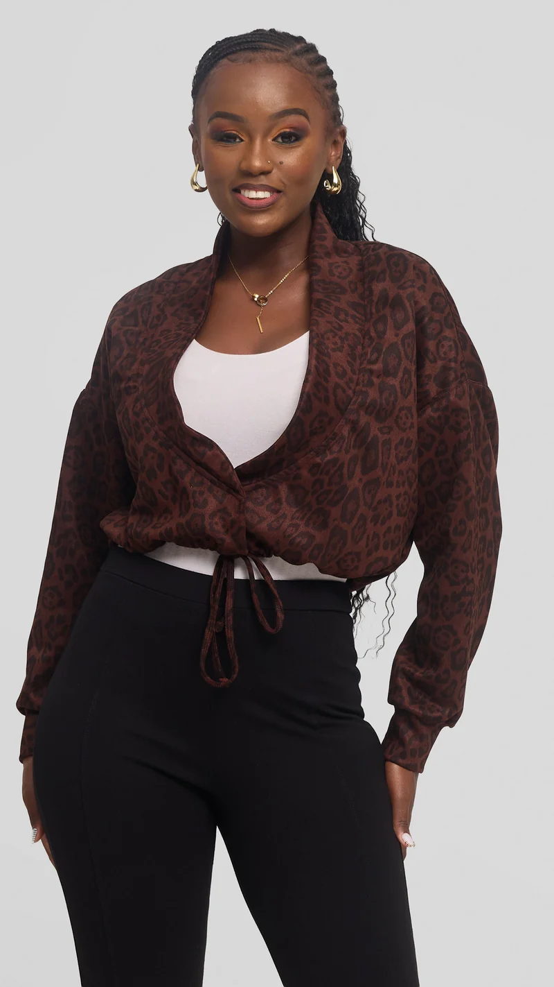 Vivo Drop Shoulder Jacket in Faux Suede - Dark Brown Print