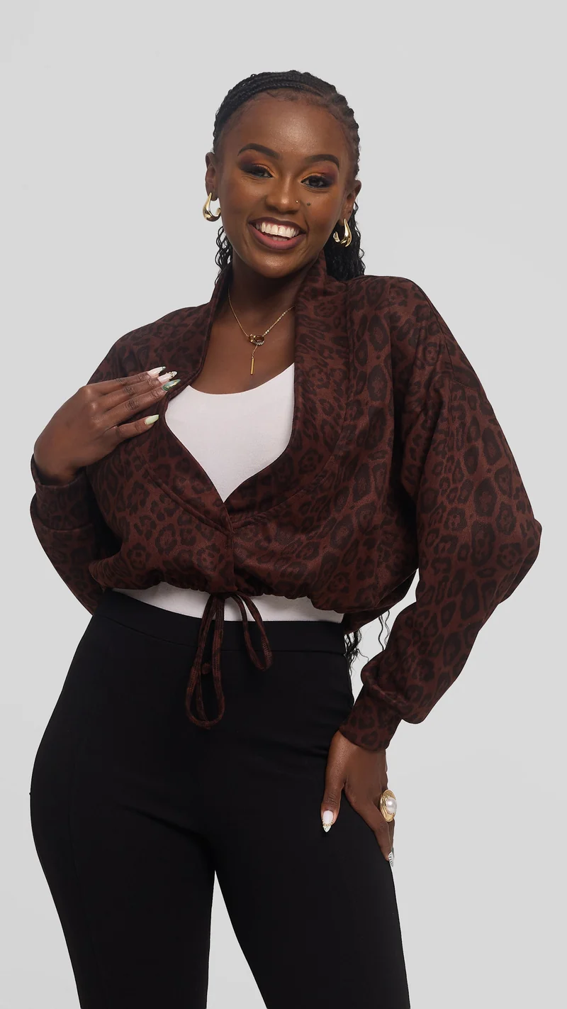 Vivo Drop Shoulder Jacket in Faux Suede - Dark Brown Print